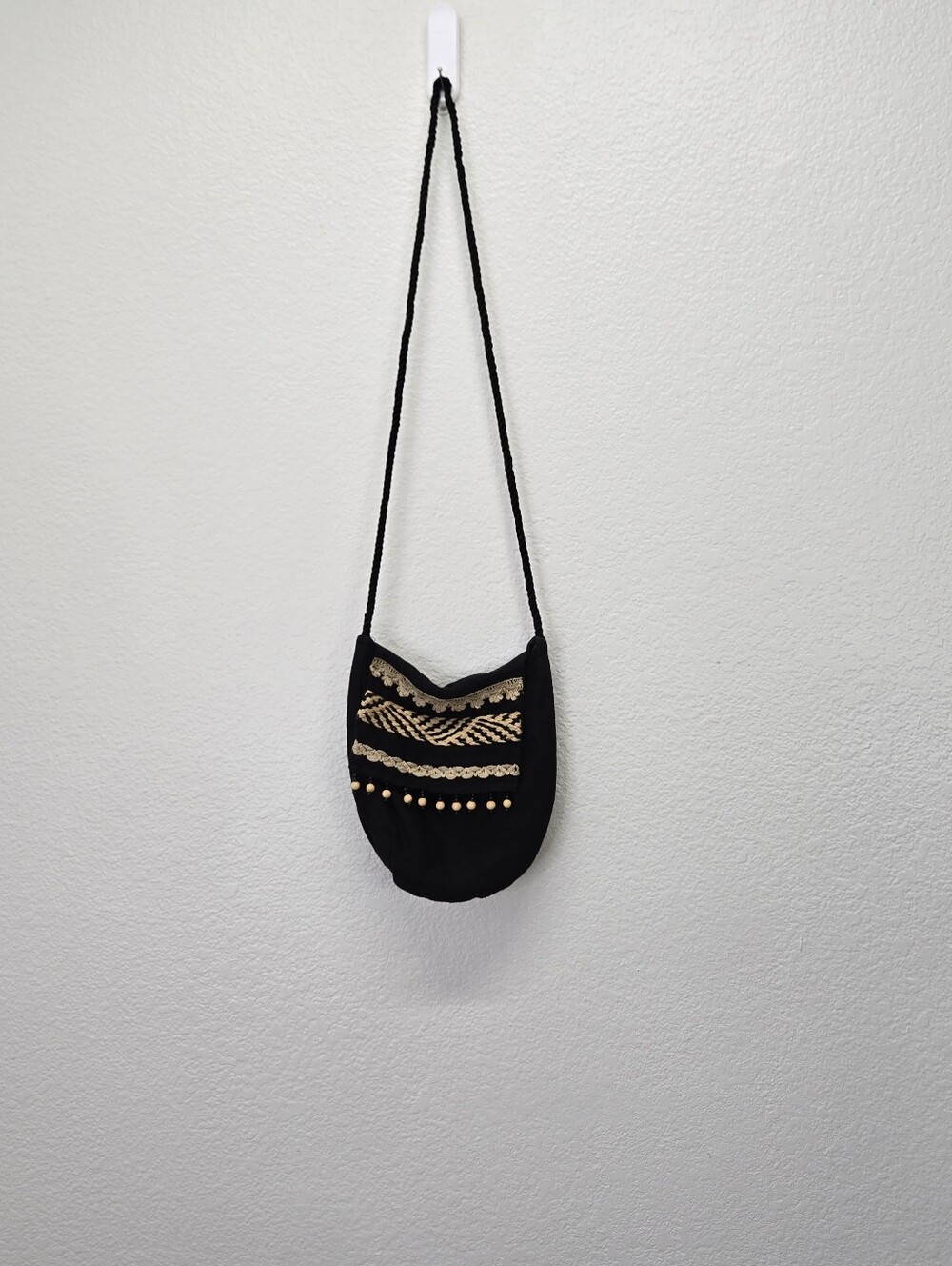 Vtg Black Canvas Crossbody Bag Hippie Festival Embroidered Pouch Purse Fringe